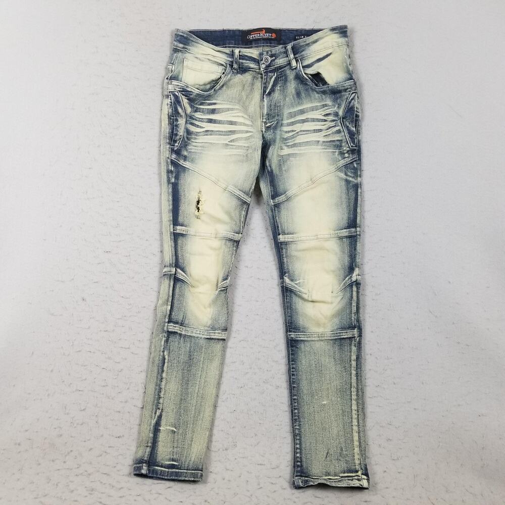 Copper Rivet Jeans Mens 32x30 Light Wash Blue Slim Tapered Moto Biker Distressed